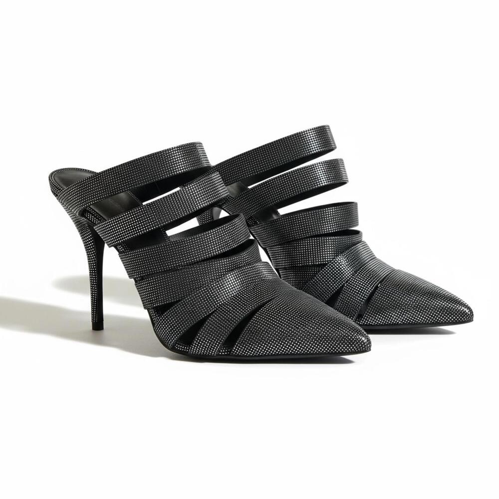 Alexander Wang Strappy Mule Heels Black Silver Studded Pointed Toe Sz 37